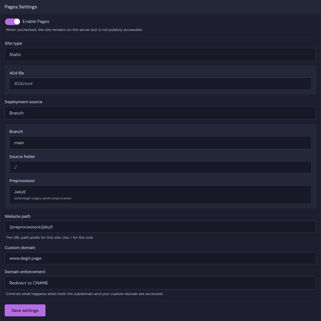 Example Pages settings configuration